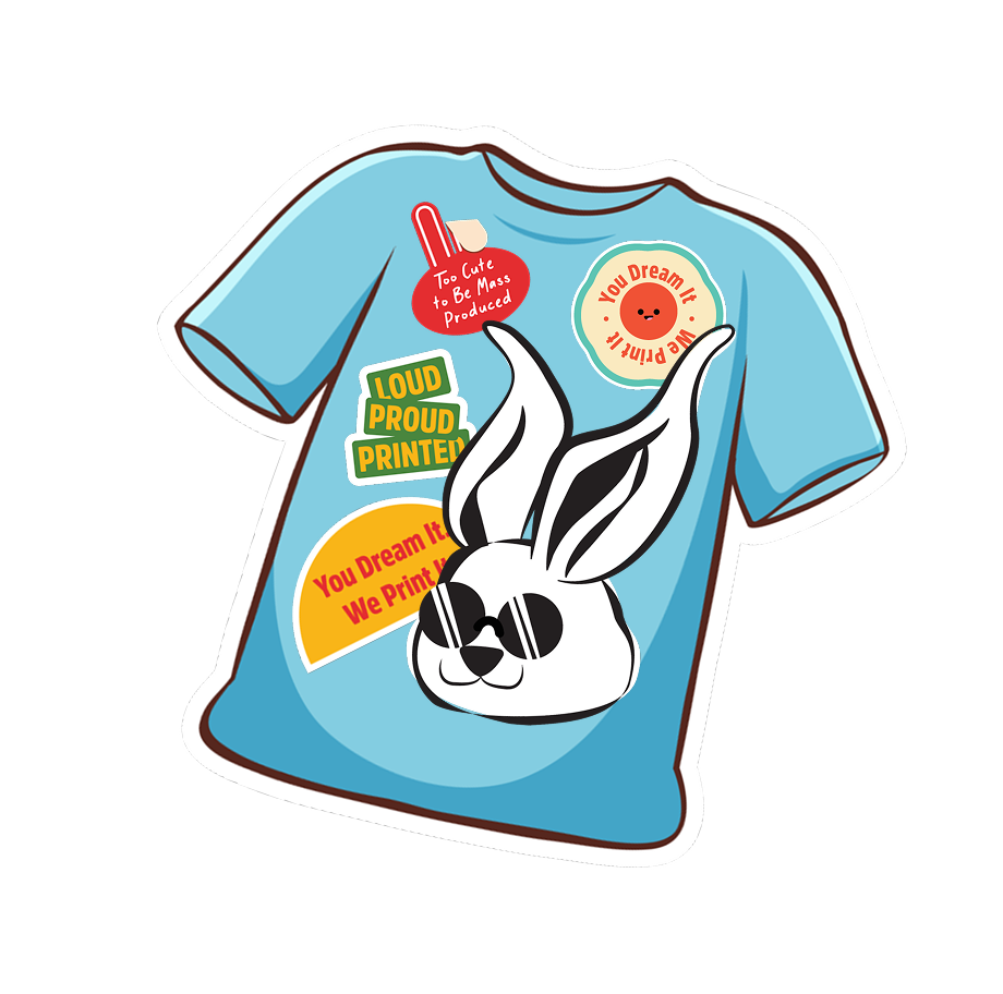 Blue T-shirt sticker illustration with cartoon bunny and slogan graphics, custom printed apparel design concept for merchandise and print services