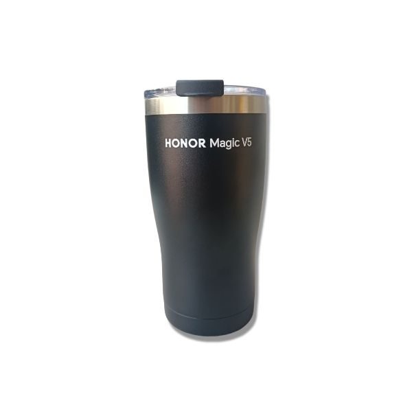 Black stainless steel tumbler with a transparent lid, featuring the 'HONOR Magic V5' logo in white text.