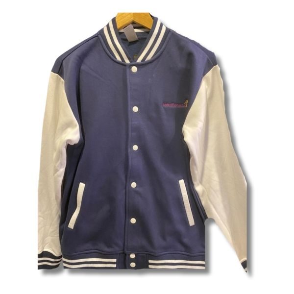 Blue and white varsity jacket with striped ribbed cuffs and collar, featuring a logo on the left chest.