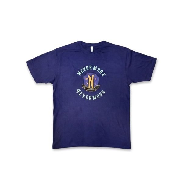 Navy blue t-shirt featuring a 'NEVERMORE' and '4EVERMORE' design around a central purple emblem with a large 'N' and a banner below it.