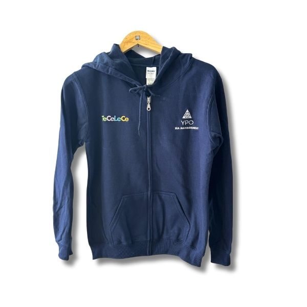 Navy blue zip-up hoodie with two logos: 'TeCeLeCe' on the left chest and 'YPO SEA Management' with a triangular logo on the right chest.