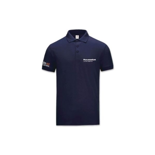Navy blue polo shirt with a 'Rousselot' logo on the chest and a 'Gelida Control' logo on the sleeve.