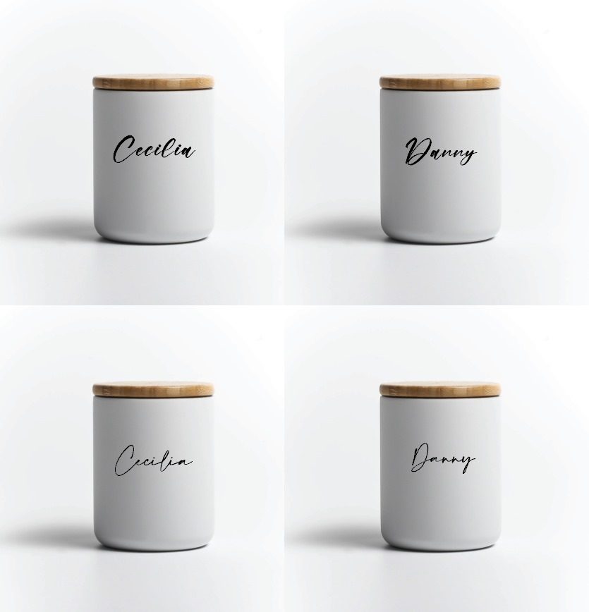 Personalised white ceramic jar with bamboo lid, featuring custom name printing, ideal for customised corporate gifts, premium packaging, and personalised merchandise in Malaysia