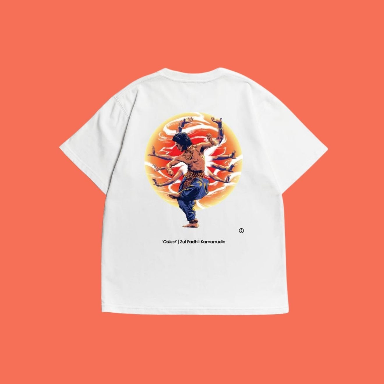 White T-shirt with illustrated martial artist artwork on the back, graphic streetwear design on coral background